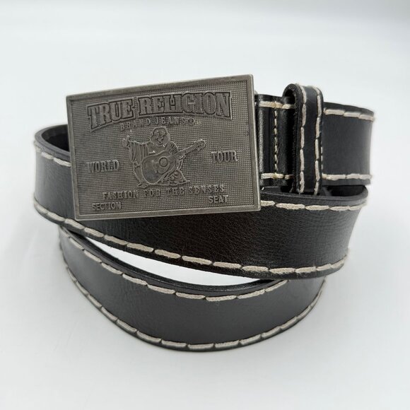 True Religion Genuine Leather Belt Mens Size 42 Black w/ White Stitching Buckle - Picture 1 of 8